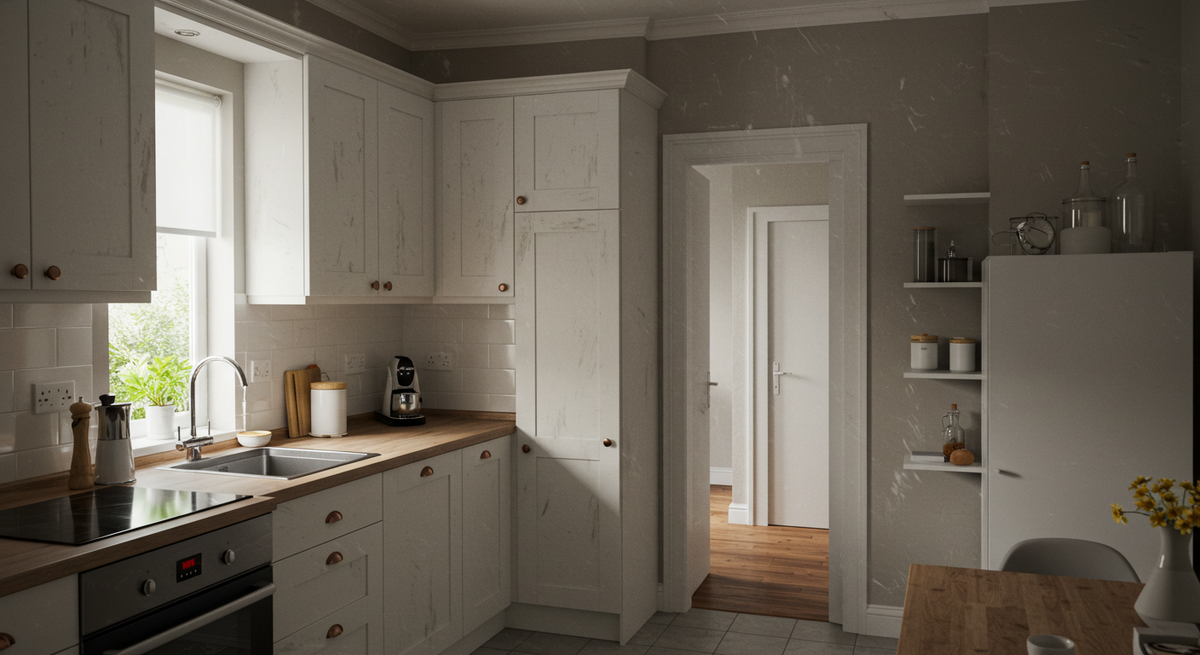 Дорого, модно, но несовершенно — белые стены с пятнами, сколы на мебели, удлинители и пустые углы. В образе жизнь сильнее декора.
