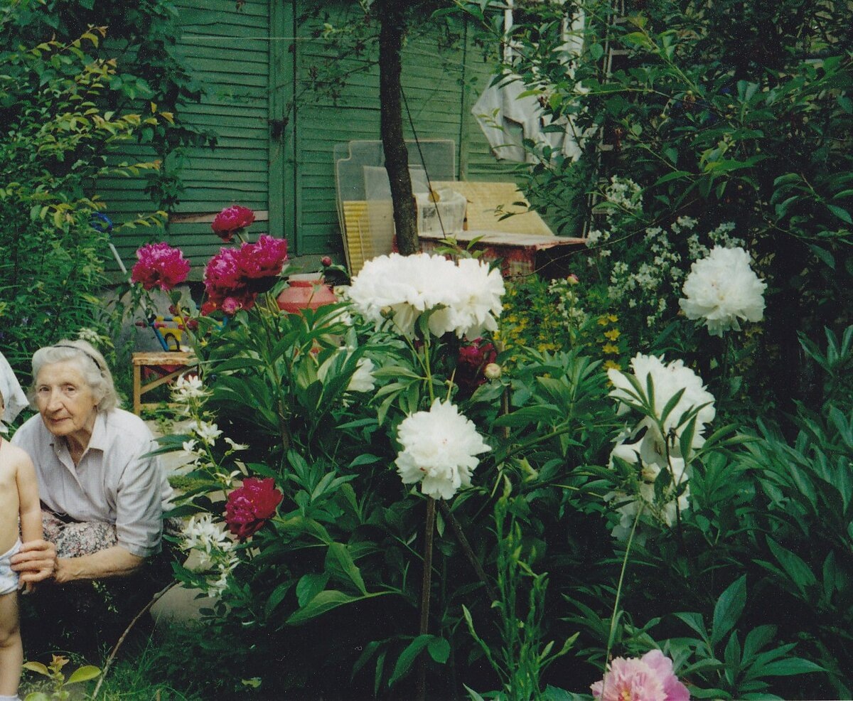 Моя бабушка под своими пионами.