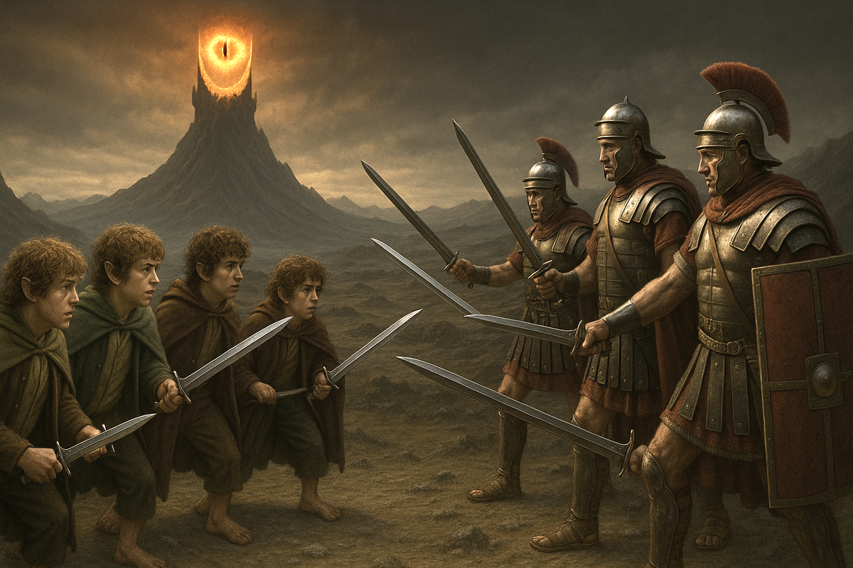 Хоббиты против легионеров. Сгенерировано ИИ