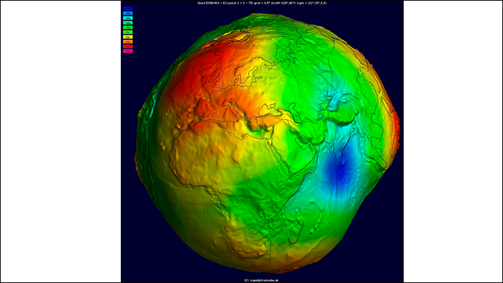    Карта аномалии гравитации: области с более сильным притяжением обозначаются красным, а с ослабленным - синим. Фото: International Centre for Global Earth Models (ICGEM)/commons.wikimedia.org