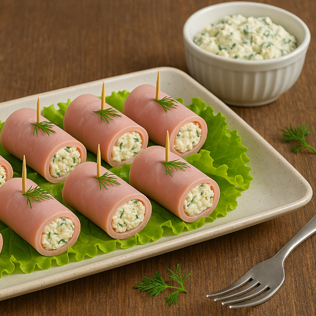 Ветчинные рулетики с чесночно-сырной начинкой

