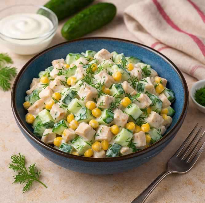 Курица, кукуруза и огурцы под йогуртовым соусом рецепты от Дарики