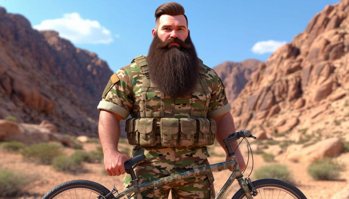 Военный с велосипедом, в представлении нейросети Шедеврум от Яндекса.