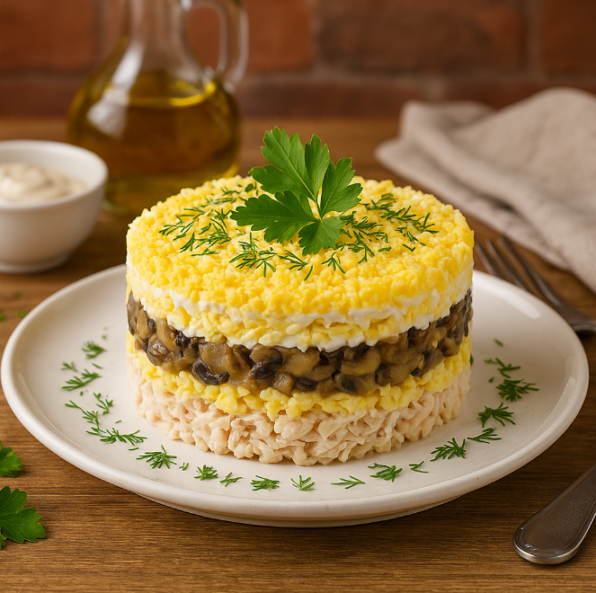 Слоёный салат с курицей, грибами и сыром рецепты от Дарики