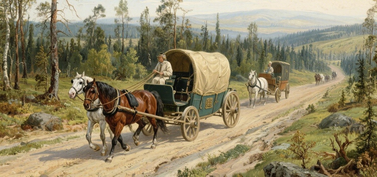"Московско-Сибирский тракт XVIII века с конными повозками"