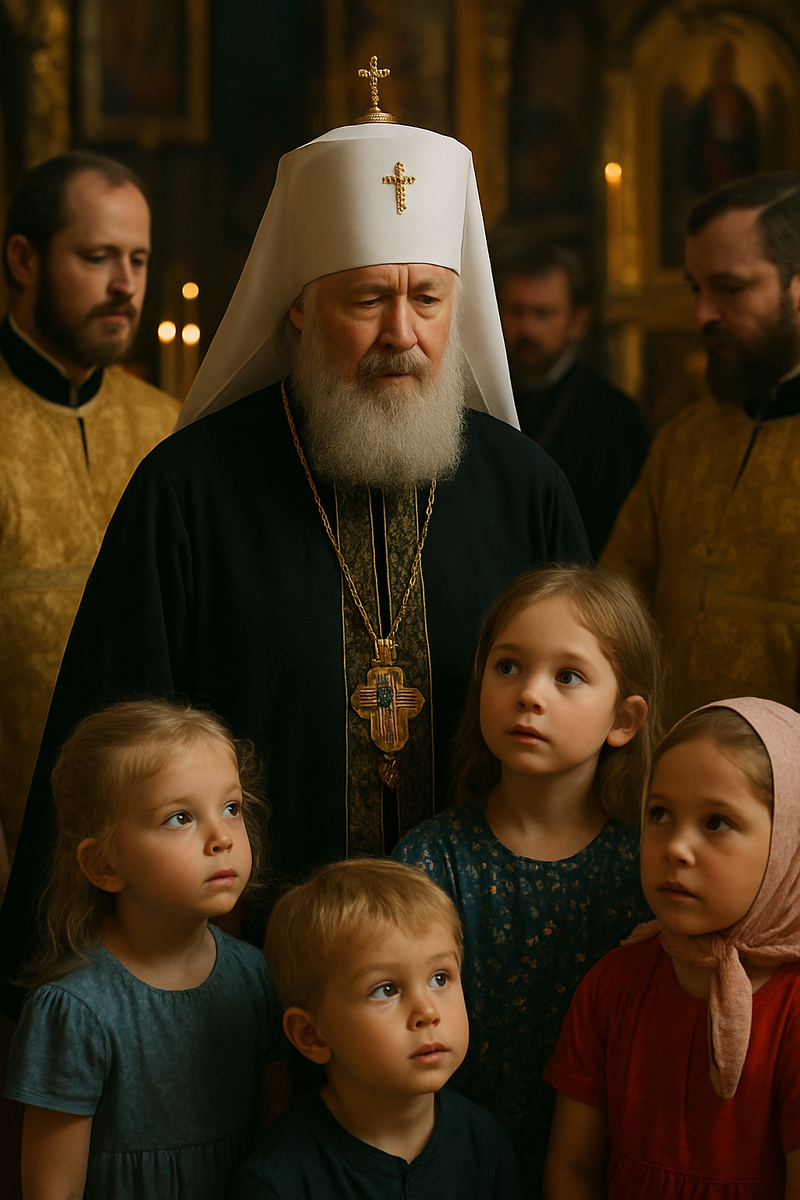 На фотографии запечатлён момент богослужения в православном храме, наполненный глубоким символизмом и духовной тишиной. В центре композиции — патриарх в белом митре и чёрном облачении с золотыми узорами. На его груди — массивный наперсный крест, свидетельствующий о высоком сане. Лик патриарха строг и задумчив, как будто он в этот миг вглядывается в нечто, что давно должно было быть увидено — в лица детей, стоящих у его ног.

Вокруг него — несколько маленьких детей, одетых просто и скромно: девочки — в платьях и косынках, мальчик — в тёмной рубашке. Их глаза устремлены вверх, полные чистоты, безмолвного удивления и доверия. Эти взоры — не просто отражение наивности, а живое напоминание о том, что истинная близость к Духу не требует ни титулов, ни ритуалов. Их лица — как зеркала, в которых каждый видит истину о себе.

Фон — тёплый и золотистый, наполненный свечами и ликами на иконах. Мягкий свет струится сквозь полумрак, будто подтверждая, что Дух присутствует не в действиях, а в ясности внутреннего состояния. Позади патриарха — священнослужители в золотых ризах, однако их взгляды рассеяны, и они будто остаются в стороне от главного происходящего.

Эта сцена будто призвана остановить течение времени, напомнить каждому, кто служит — кому на самом деле они служат. Не системе, не обряду, не воспроизводству формы, а Истине, выраженной в детской простоте и полном доверии. И именно этот момент становится возможностью — единственной и решающей — для глобального внутреннего изменения, если зрящий осмелится узреть