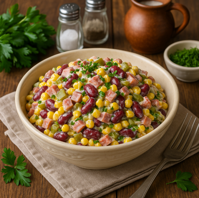 Салат с колбасой, кукурузой и фасолью рецепты от Дарики