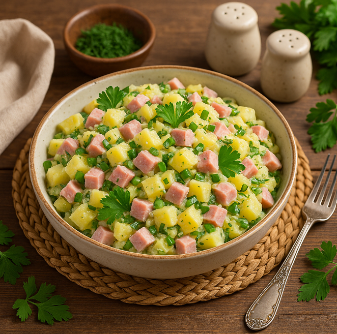 Салат с ветчиной, картофелем и зелёным луком рецепты от Дарики