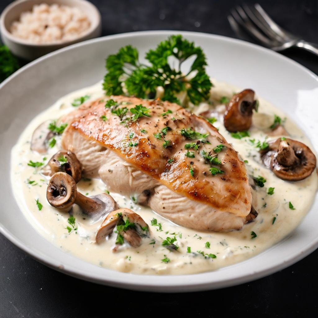 Индюшиная грудка в сливочном соусе с грибами 