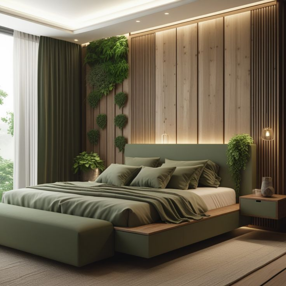 Декоративные панели с фактурой древесины и парящая прикроватная тумбочка