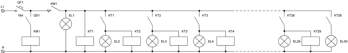 
Рис. 2. Схема включения светильников и реле.