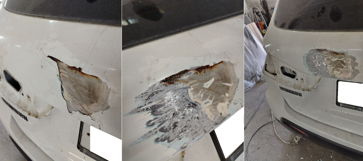 Старая шпатлевка отходит кусками, обнажая ржавчину