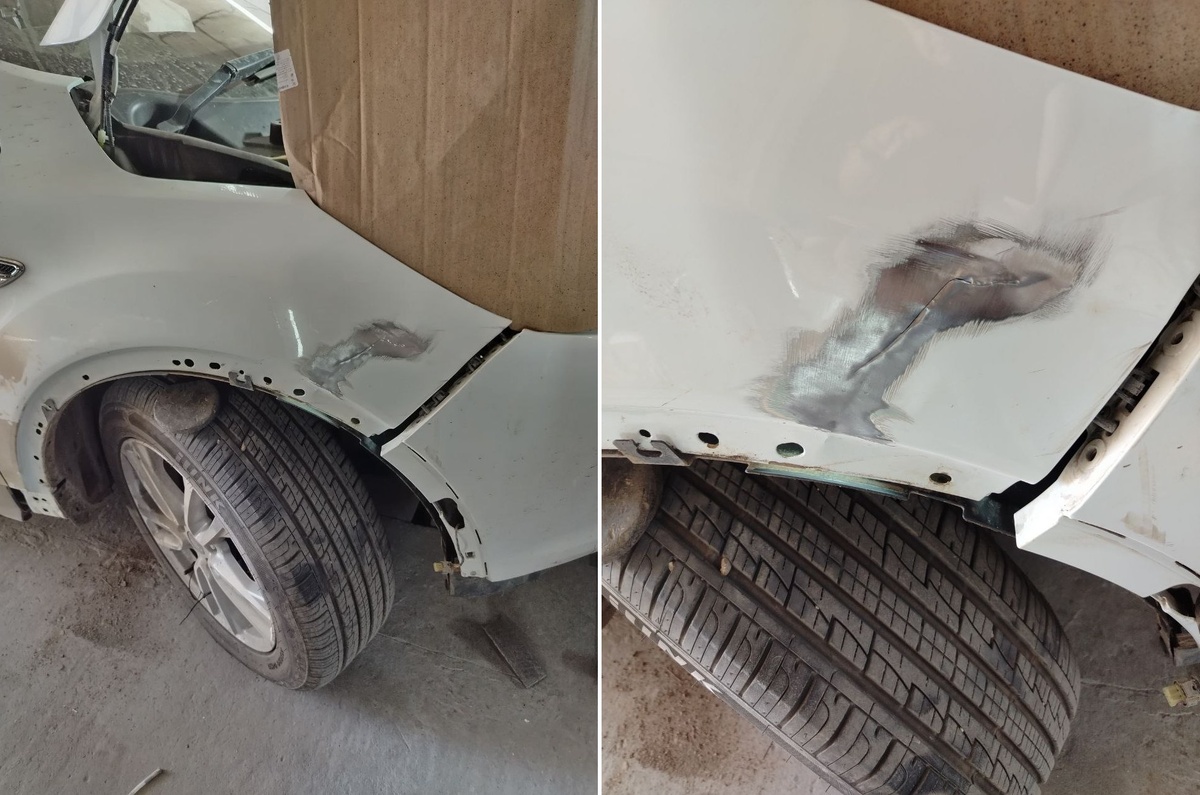 Рихтуем поврежденный участок, максимально сводим металл