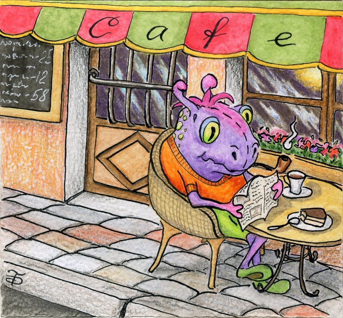 ЛяКобар в кафе. Цветной вариант - акварельные карандаши. Черно-белый вариант - тушь