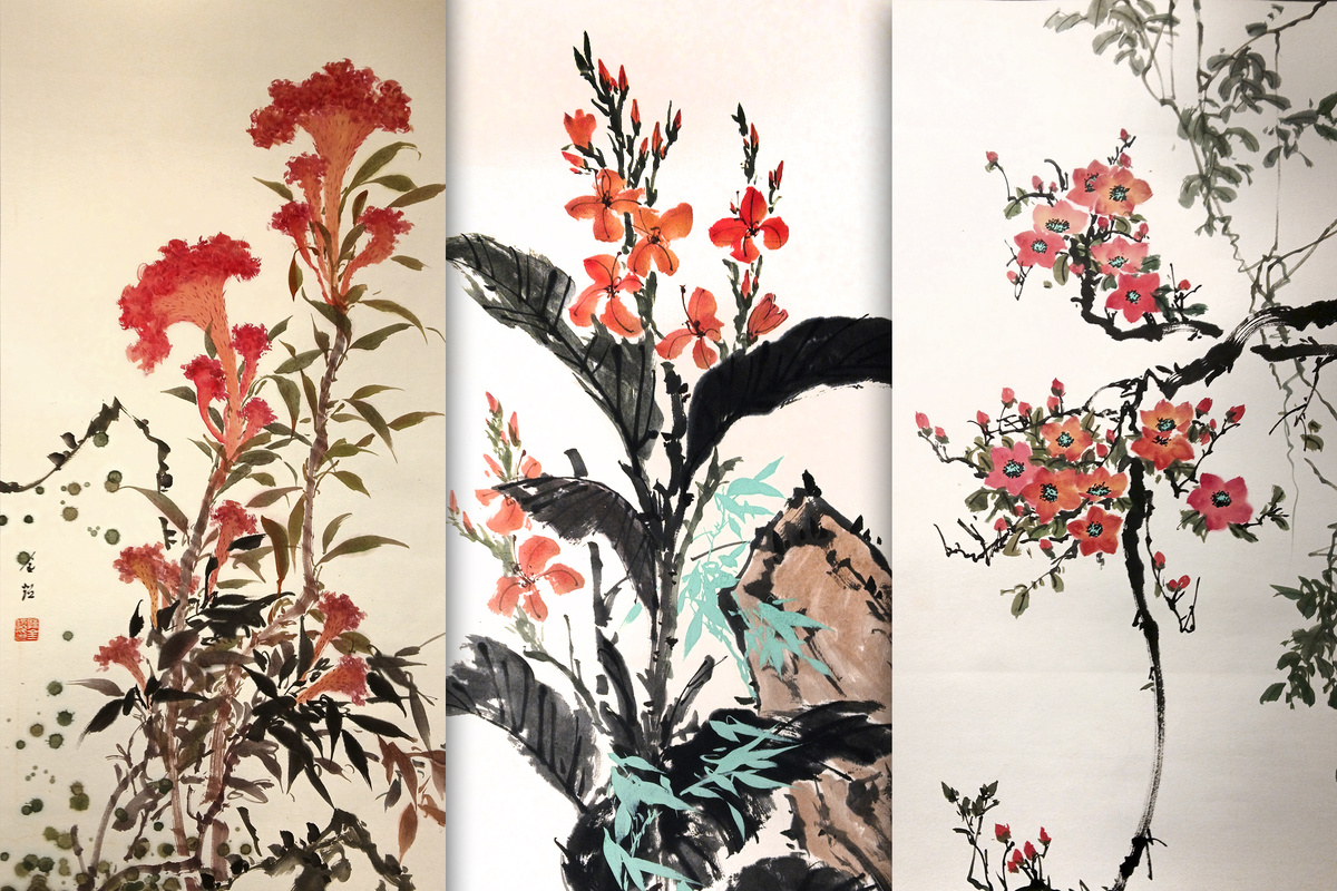 Фрагменты картин выставки «Шелковый Путь Усыпан Цветами» - Сунь Цзинчао; традиционная китайская живопись в стиле Се-И, в жанре "Цветы и Птицы"