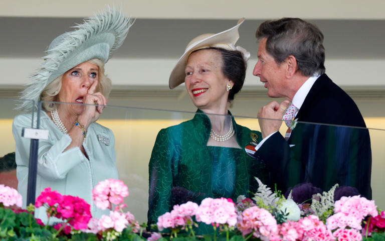 Королева Камилла вытирает слезу после того, как ее лошадь Desert Hero выиграла скачки King George V Stakes в 2023 году