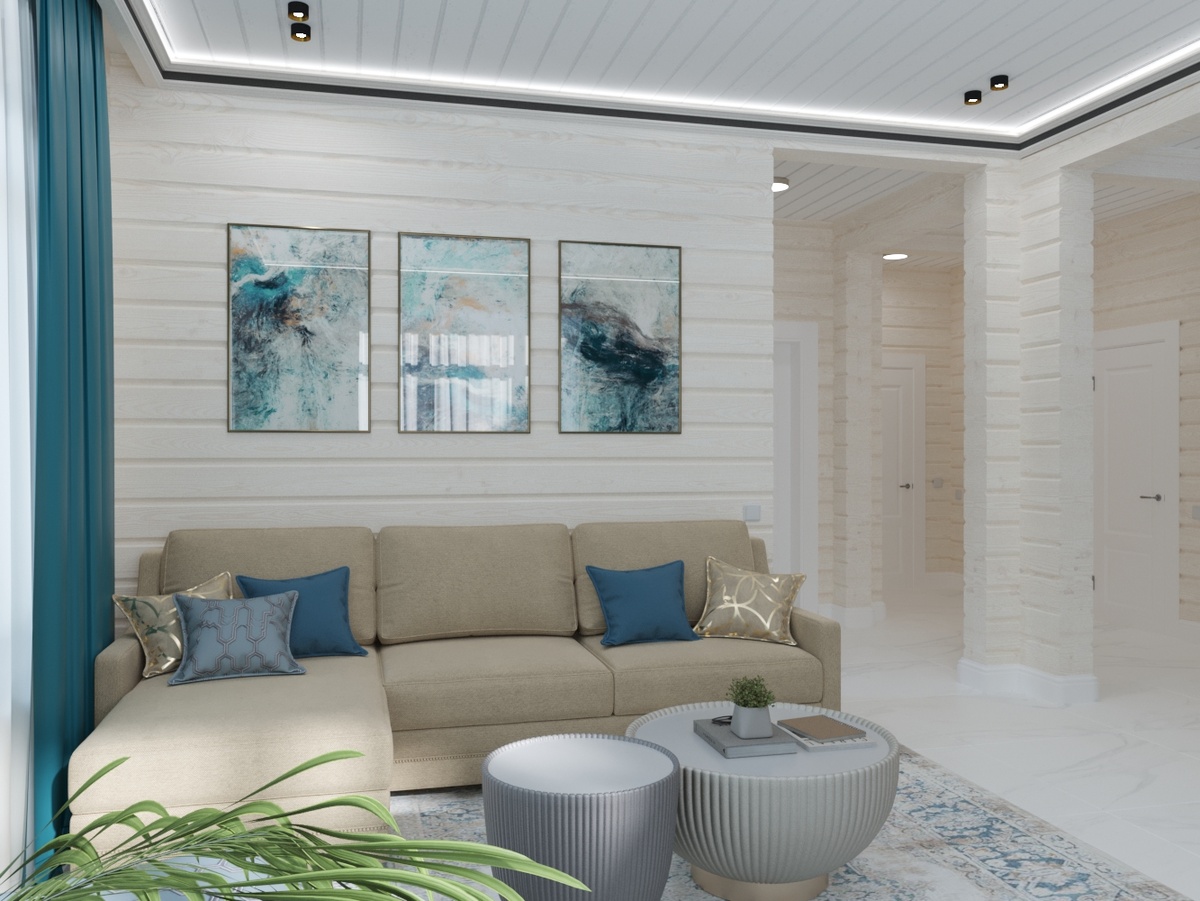 Гостиная в загородном доме из клееного бруса