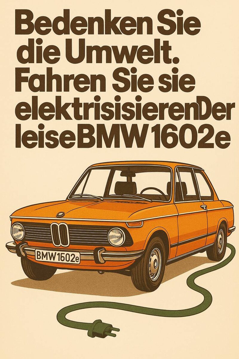 Плакат/реклама BMW 1602e 1970-х. Источник: ИИ