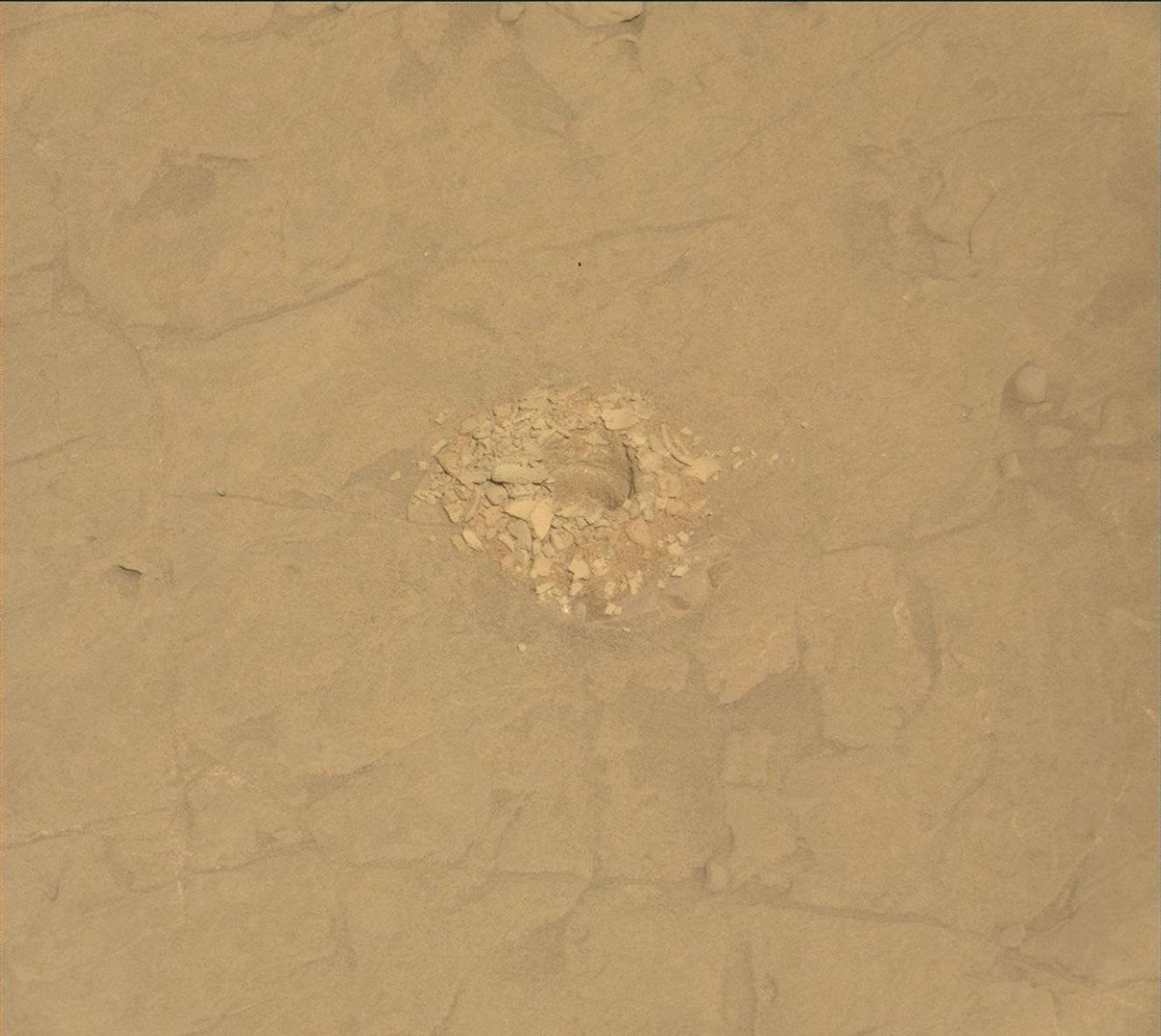 NASA’s Mars rover Curiosity acquired this image of the “Altadena” drill hole using its Mast Camera (Mastcam) on June 8, 2025 — Sol 4564, or Martian day 4,564 of the Mars Science Laboratory mission — at 13:57:45 UTC.