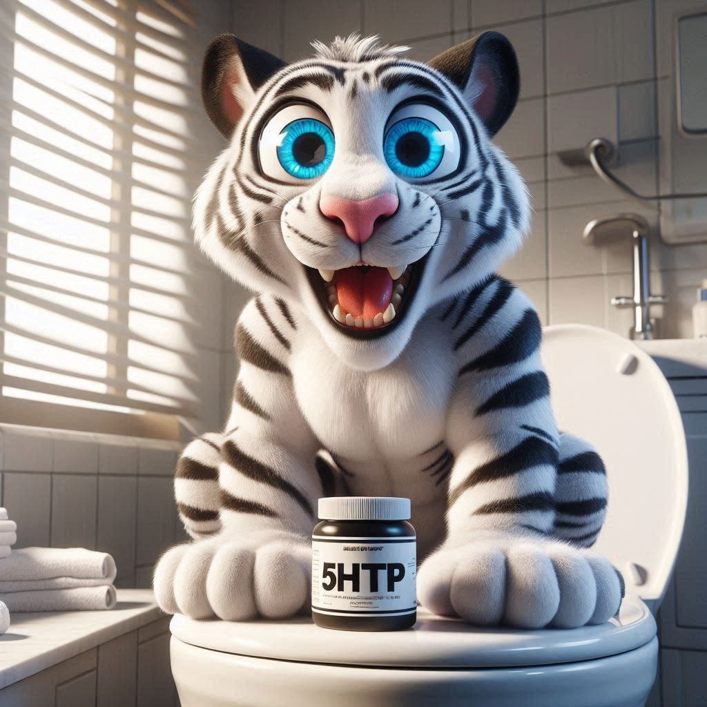 Кушайте 5-htp, чтобы быть как это счастливый тигр с широкими зрачками и серотониновым синдромом, восседающем на белом троне на картинке выше!