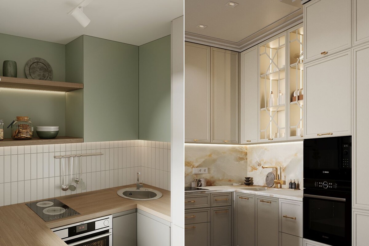 Открытые полки и стекло придают легкости и воздуха