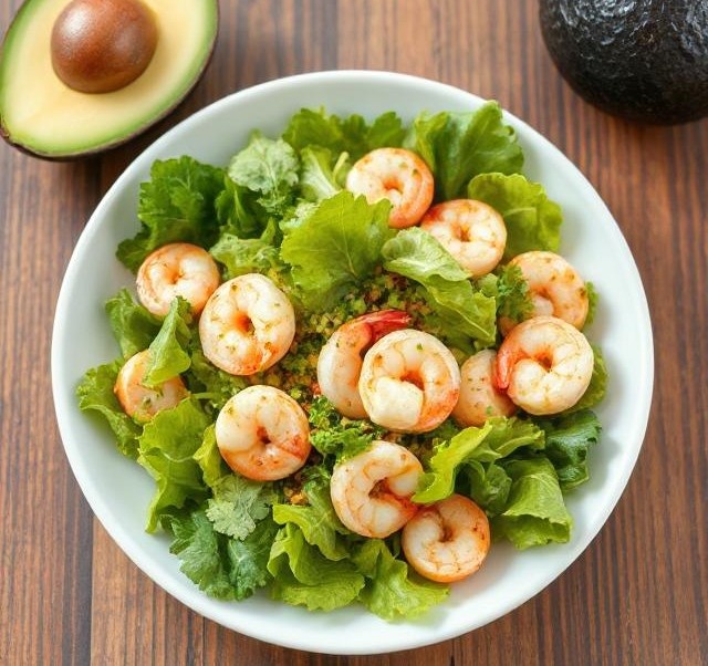 Легкий салат с авокадо и креветками 