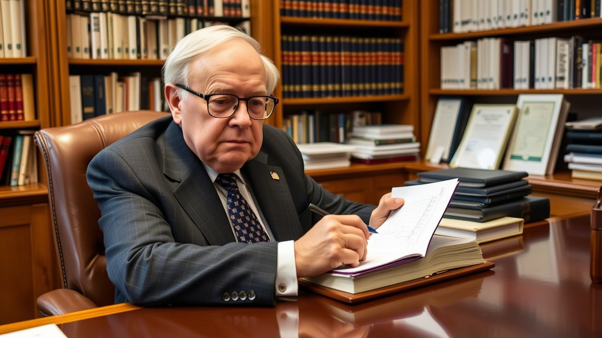 Чарли Мангер в своем кабинете заполняет чек-лист