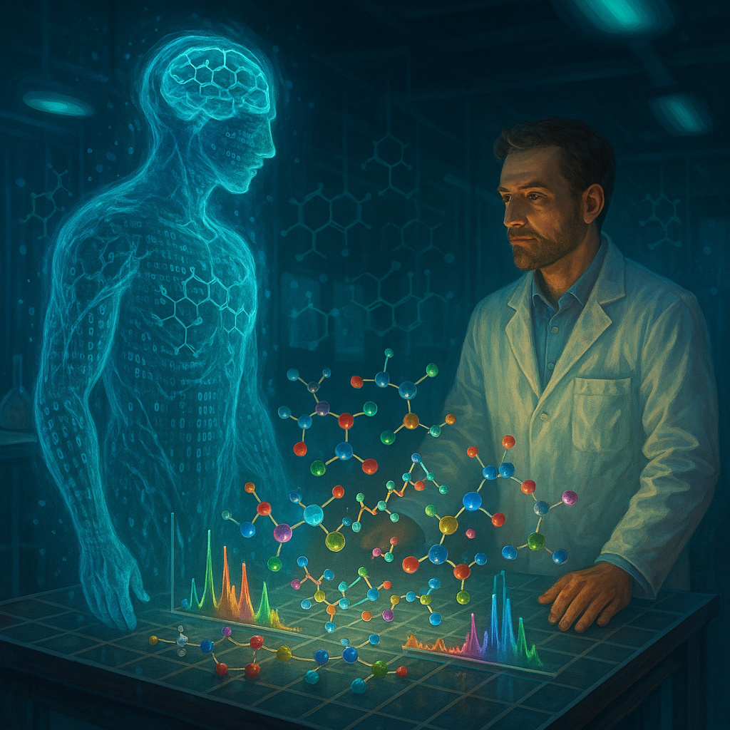 Сюрреалистическая лаборатория: голографический «ИИ-химик» из светящихся молекулярных сетей и кода смотрит на живого исследователя за столом, где в воздухе парят радужные модели молекул и спектры NMR — визуальный поединок искусственного интеллекта и человеческой экспертизы.