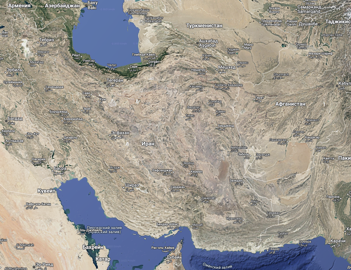 Иран на карте, спутник с ландшафтом