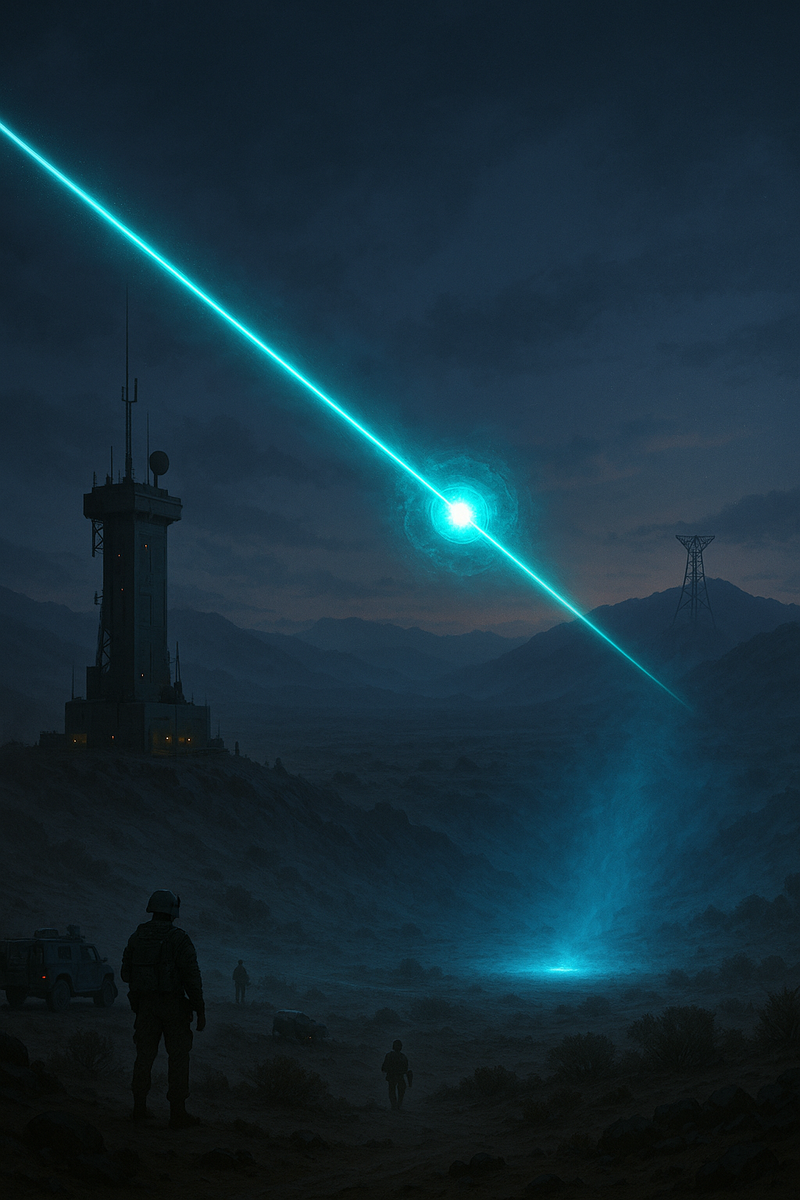 Ночной пустынный ландшафт: яркий лазерный луч пронзает восемь километров туманного воздуха, перенося «шар» энергии от башни-передатчика к далёкой приёмной антенне, озаряя долину голубым свечением и подчёркивая технологический прорыв.