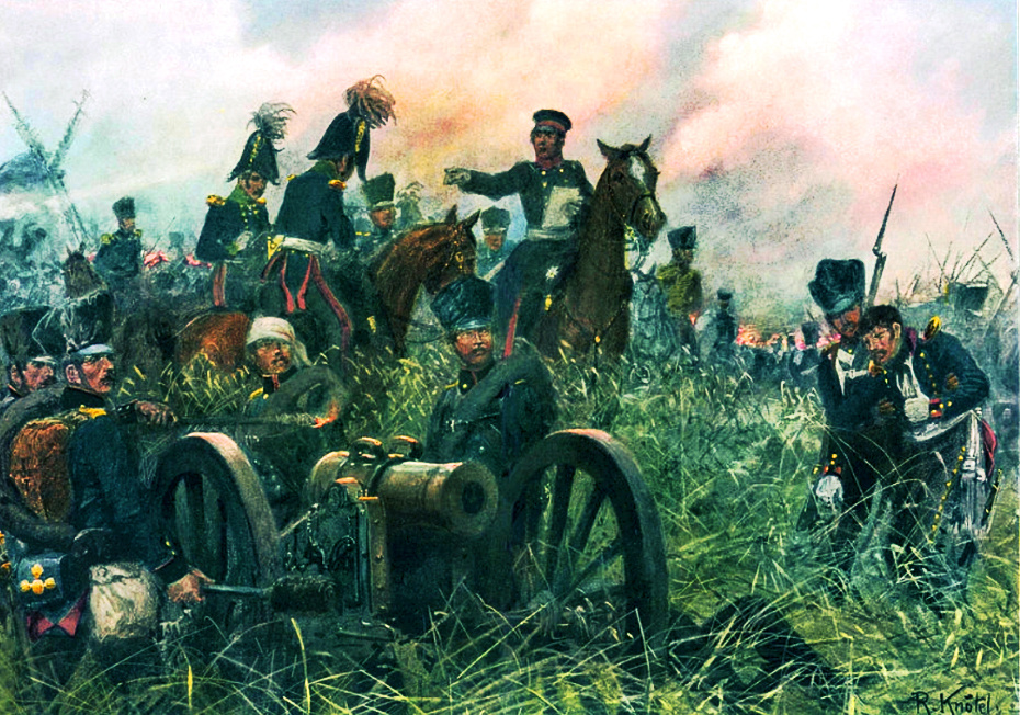 Генерал-лейтенант граф фон Гнейзенау (начальник штаба прусской армии) в битве при Линьи, на высотах около мельницы Бюсси (которая видна на заднем плане). Автор исходного изображения, созданного в 1900 году -Рихард Кнётель (1857–1914 гг.) 