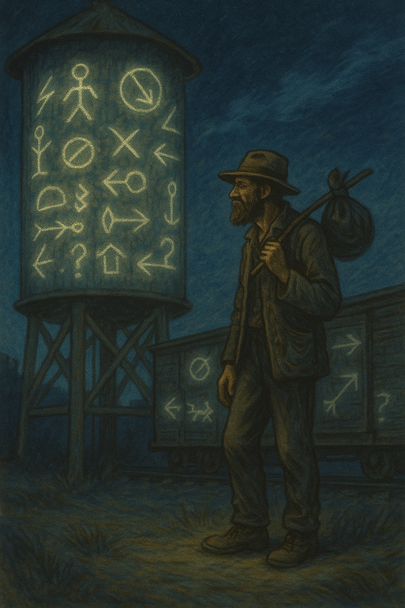 Сумеречный железнодорожный привал: усталый бродяга с котомкой изучает светящиеся знаки «языка хобо» на старой водонапорной башне, а на боксе рядом вспыхивают аналогичные символы — шифр для тех, кто ищет еду, приют и путь дальше.