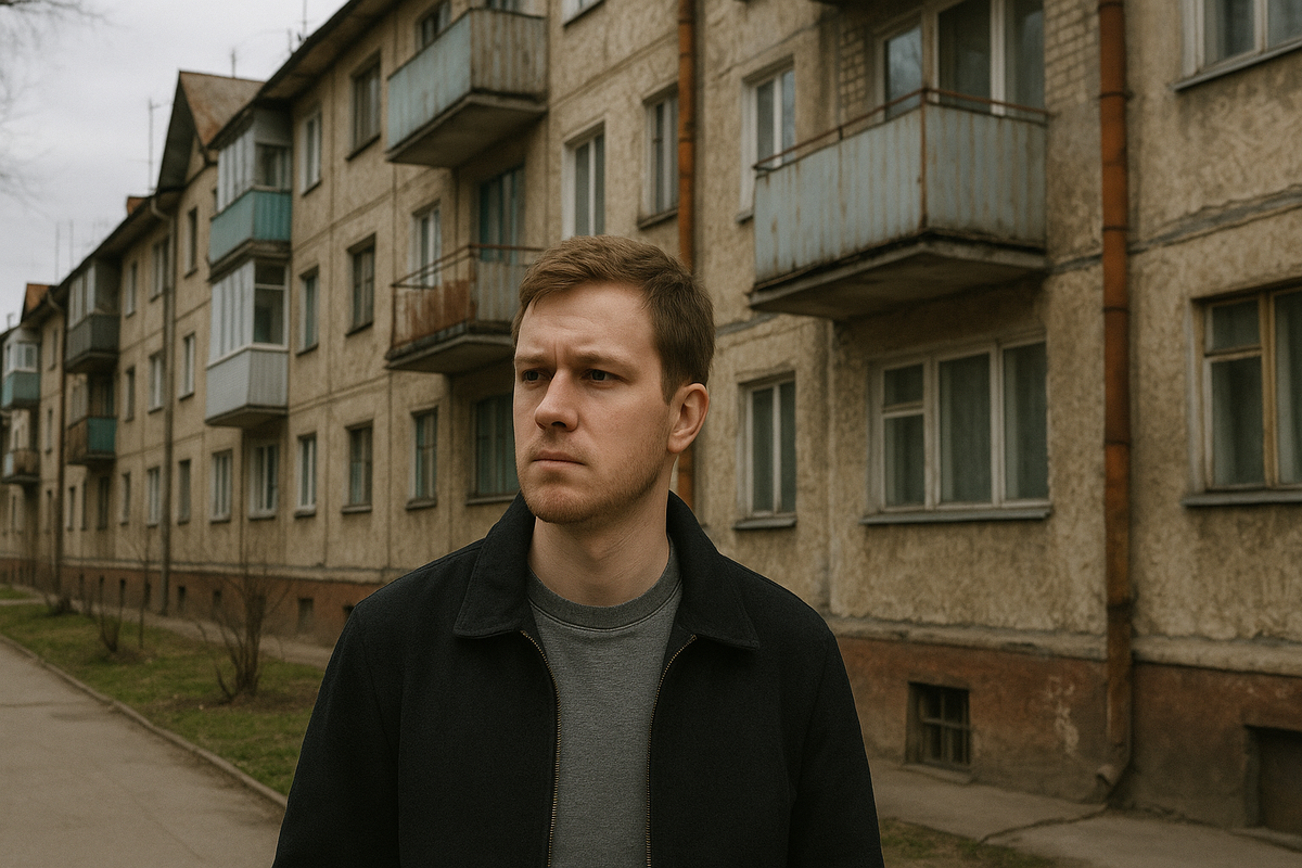 Мужчина на фоне старых московских хрущёвок — именно с таких районов часто начинается переезд в столицу.