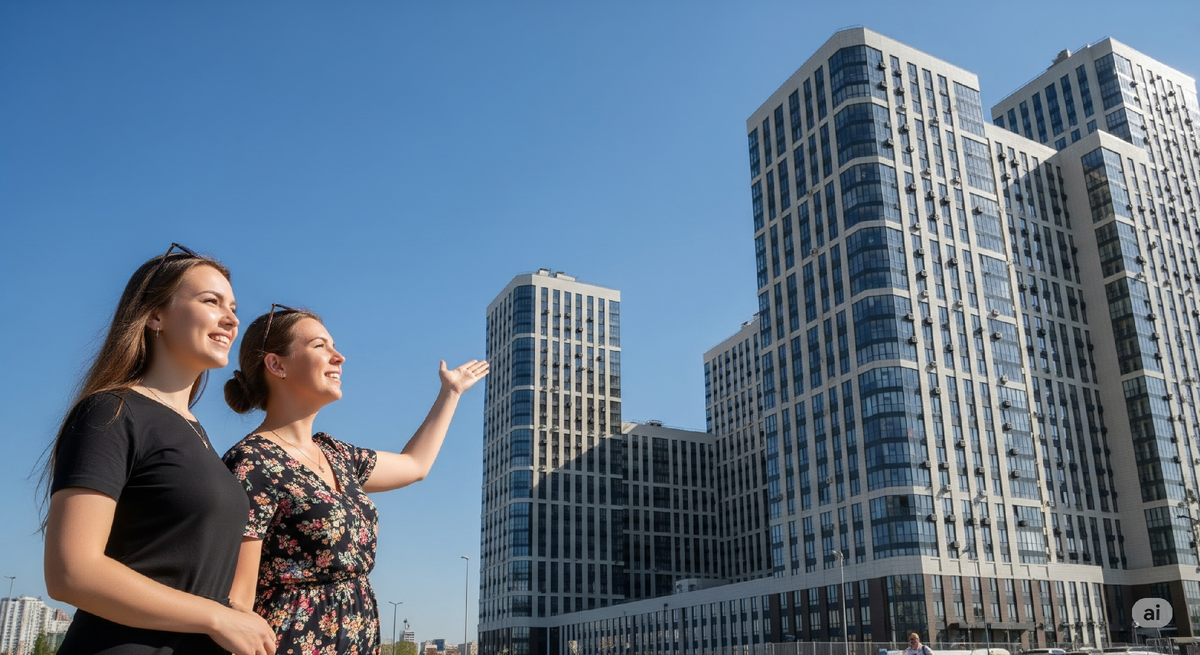 Две счастливые женщины на фоне современного жилого комплекса в Москве в солнечный день