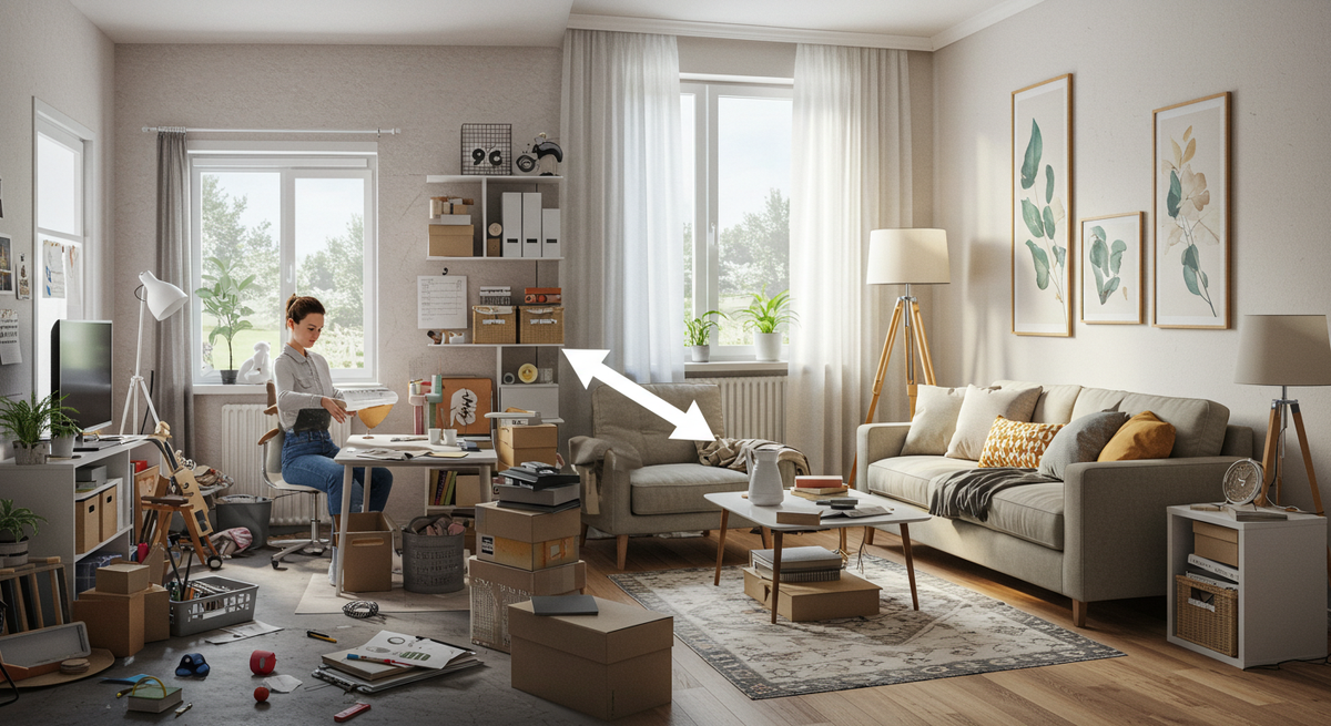 Две половины одной студии — беспорядок и уют. Простые шаги ведут к большему пространству и комфорту.