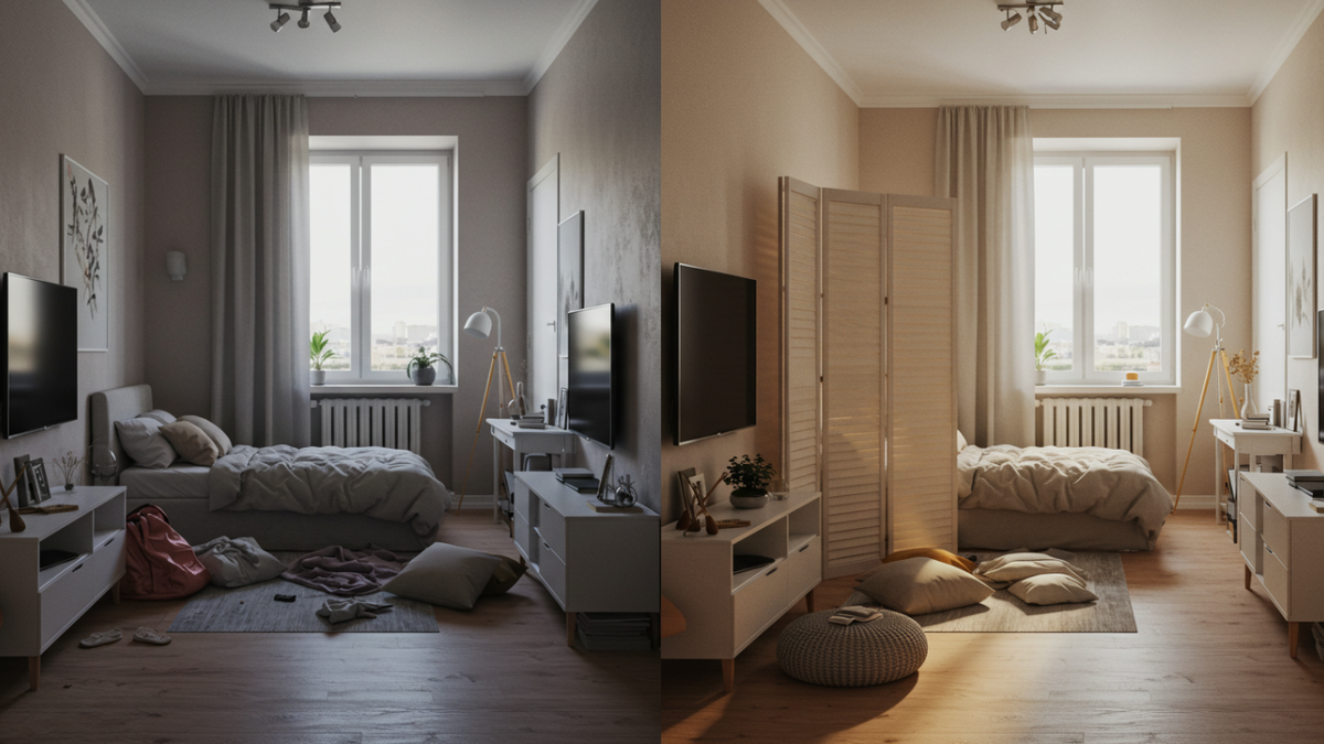 Бессистемная комната превращается в уютное и функциональное пространство благодаря ширме и чётким зонам. Пространство наконец приобрело форму и индивидуальность.