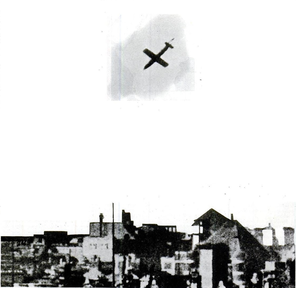 пикируя на окраины Лондона, этот самолет-снаряд нанесет серьезный, хотя и случайный ущерб. Обратите внимание на длинный фюзеляж и короткое крыло реактивной бомбы