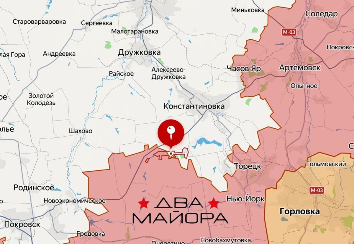    На Константиновском направлении, на правом фланге, ВС России со стороны Дзержинска (Торецка) продолжают штурмовать в направлении позиций противника на восточной окраине Клебан-Быкского водохранилища и населенного пункта Нелеповка. На левом фланге продолжаются боевые действия у населенного пункта Яблоновка, русские передовые подразделения достигли успехов.