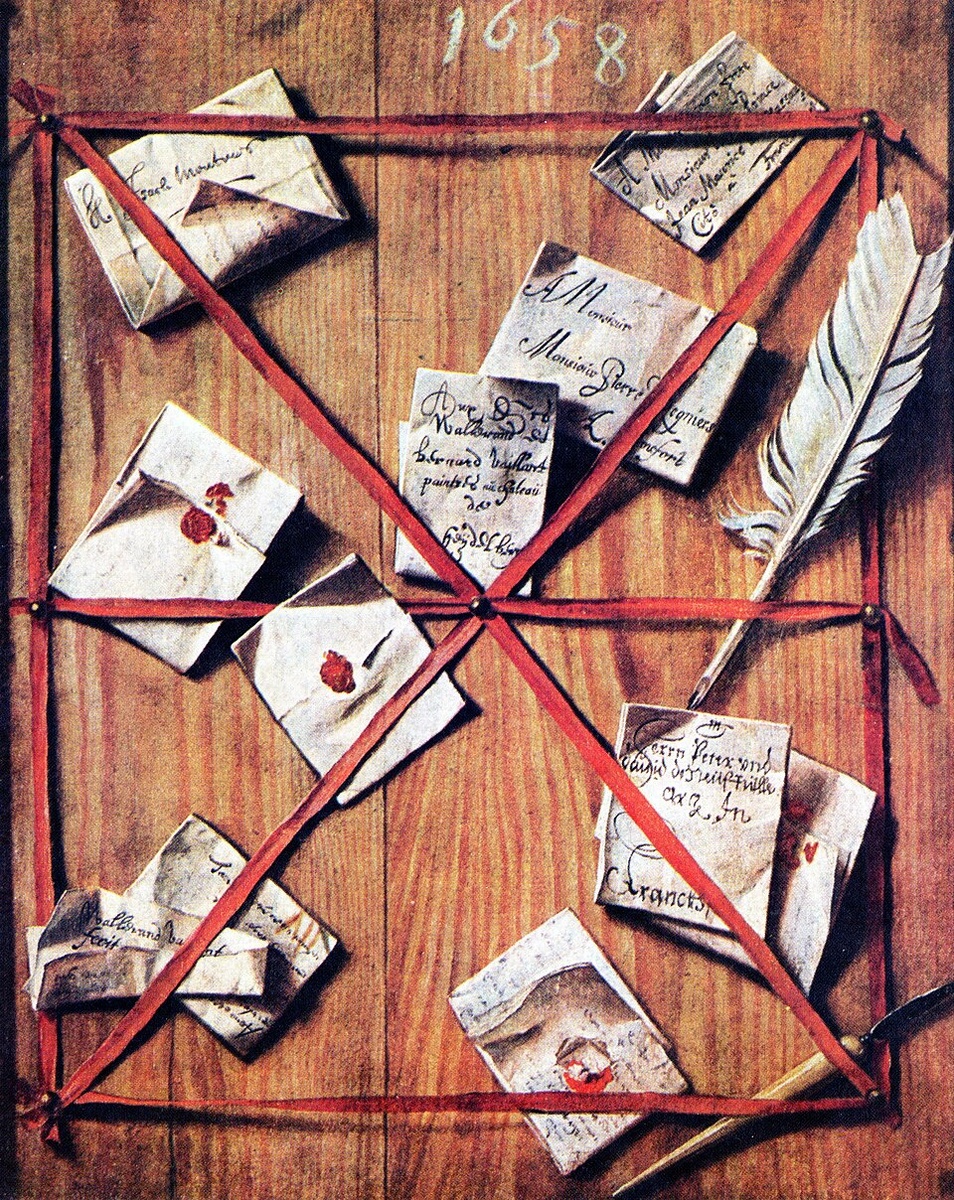 Валлерант Вайланнт.  "Доска с письмами за красной лентой". Холст, масло. Дата 1658.