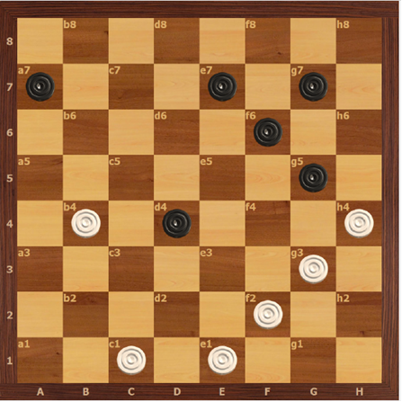 1.ed2 c3  (2…d6 3.a5++) 2.de3 3.gf4 h6 4.e5 5.d8x