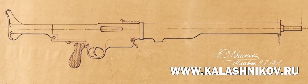 Проектный общий вид ружья-пулемёта Сосинского 1906 года. Архив ВИМАИВиВС