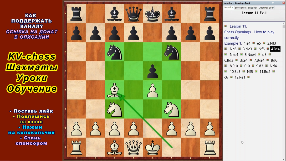 Развивая лёгкие фигуры и пешки, стремитесь контролировать центральные поля (отмечены зелёным).