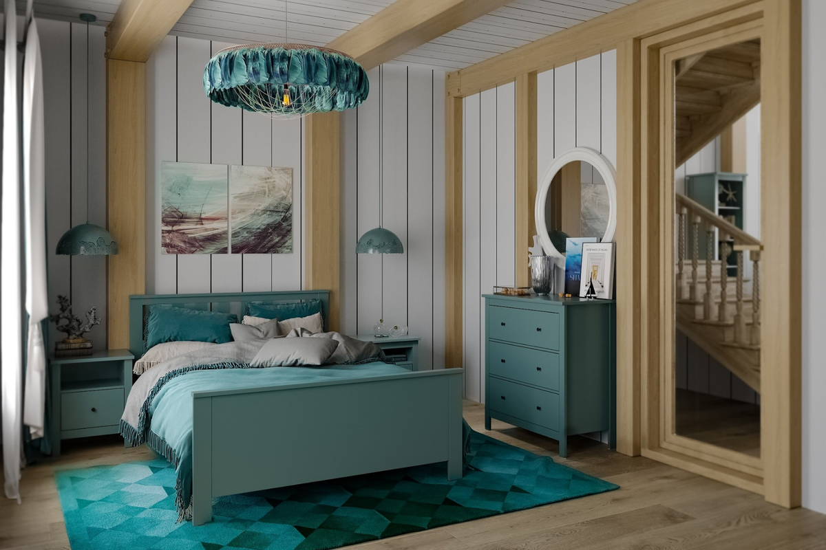 Чтобы создать выразительный интерьер спальни, выбирайте мебель в насыщенном цвете — он сразу задаст обстановке характер.