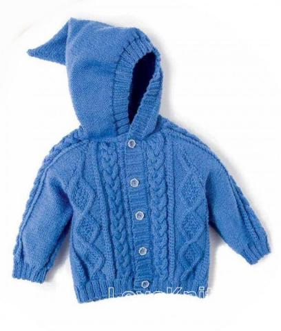 Детский жакет с капюшоном из кос спицами