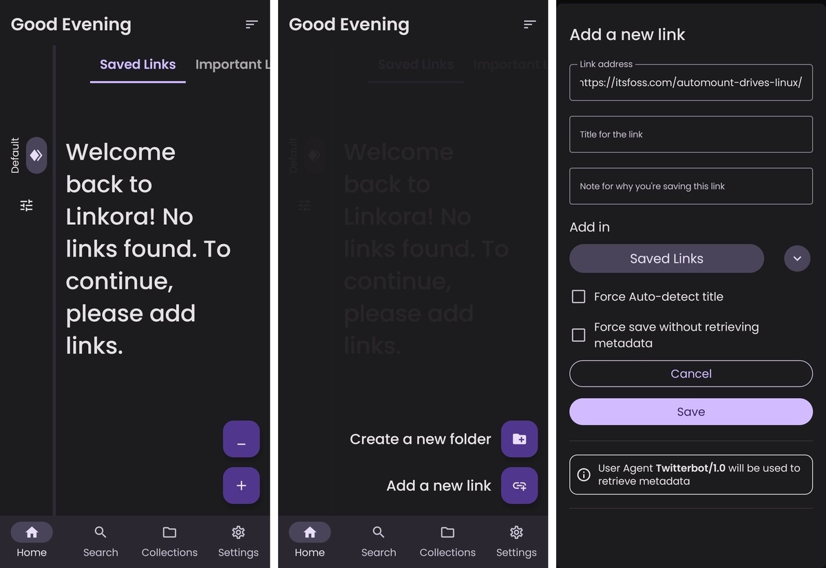 Добавление новой ссылки в Linkora