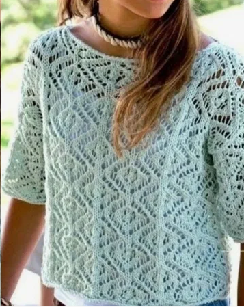 Голубая Ажурная кофта спицами