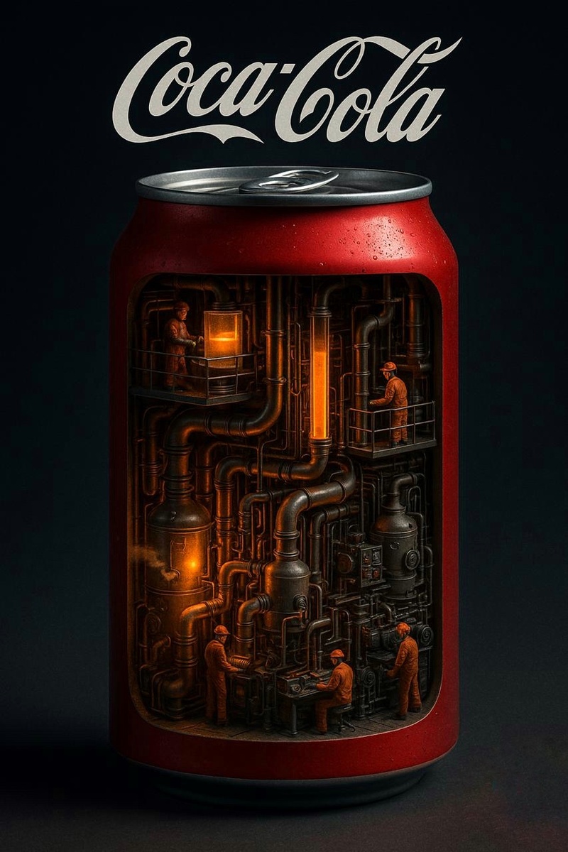 Внутри алюминиевой банки — промышленные цеха, трубы, рабочие. Это не фотобаш и не 3D, это сгенерировано на лету по описанию