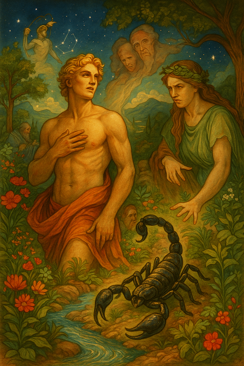 Метафорическая Карта от Ульяны Успенской, где изображена сцена гибели Ориона за несколько секунд до смерти. Гея уже отдала приказ и скорпион, восстав из огненных песков спокойно, точно и незаметно прокладывает путь к своей цели.