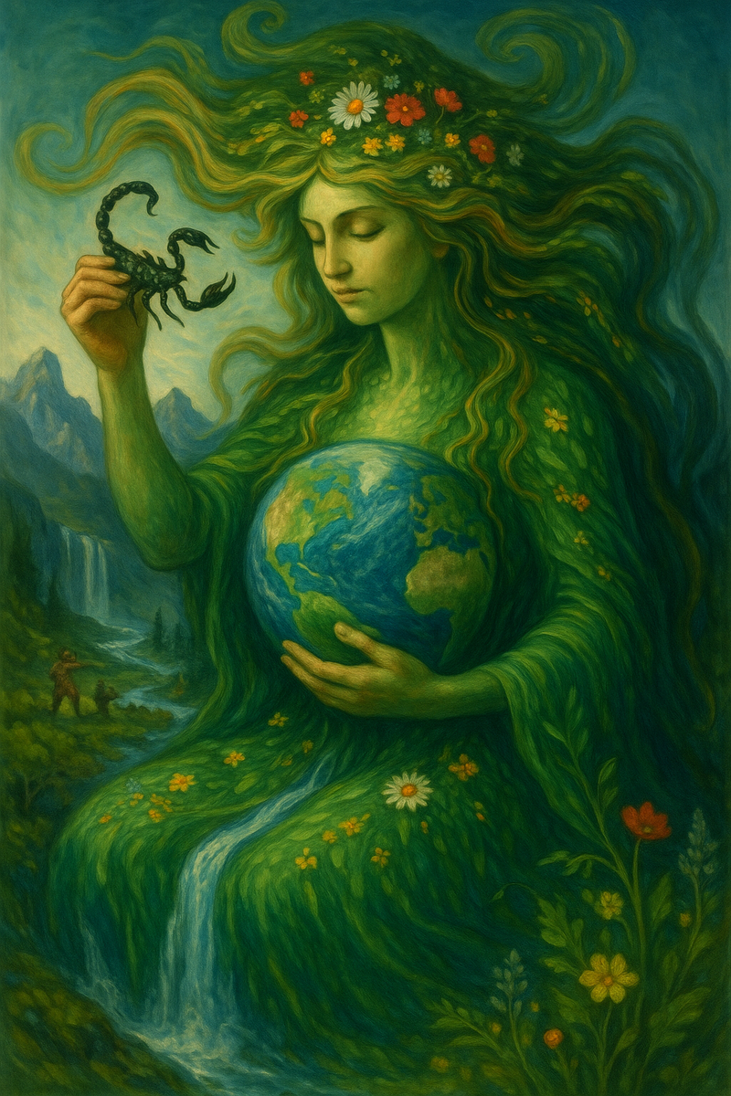 Метафорическая Карта от Ульяны Успенской, где изображена сцена гибели Ориона за несколько секунд до смерти. Гея уже отдала приказ и скорпион, восстав из огненных песков спокойно, точно и незаметно прокладывает путь к своей цели.