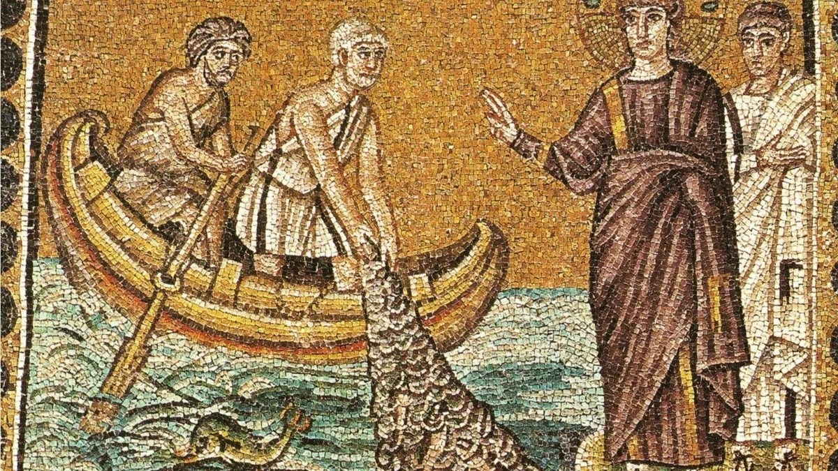 Христос и апостолы. Мозаика. Раннехристианская базилика святого Аполлинария "Новая" в Равенне (Италия), рубеж 5-6 веков; объект Всемирного наследия. Иллюстрация из сети